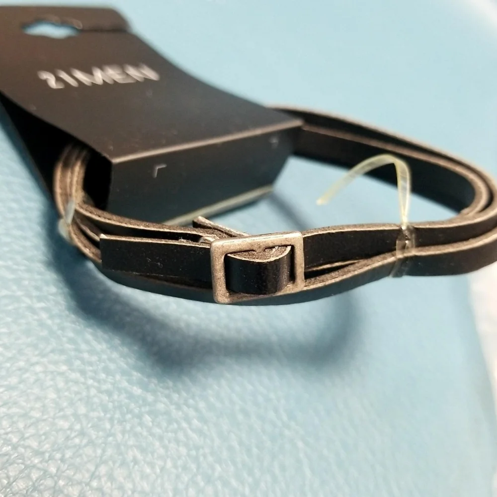 Forever 21 Men Faux Leather Black Belt Wrap Bracelet with Silver Buckle